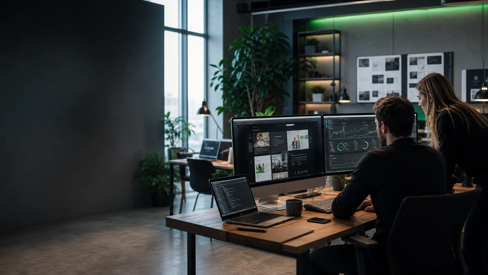 Webdesign Agentur Arbeitsplatz mit Website-Konzepten und Performance-Dashboard